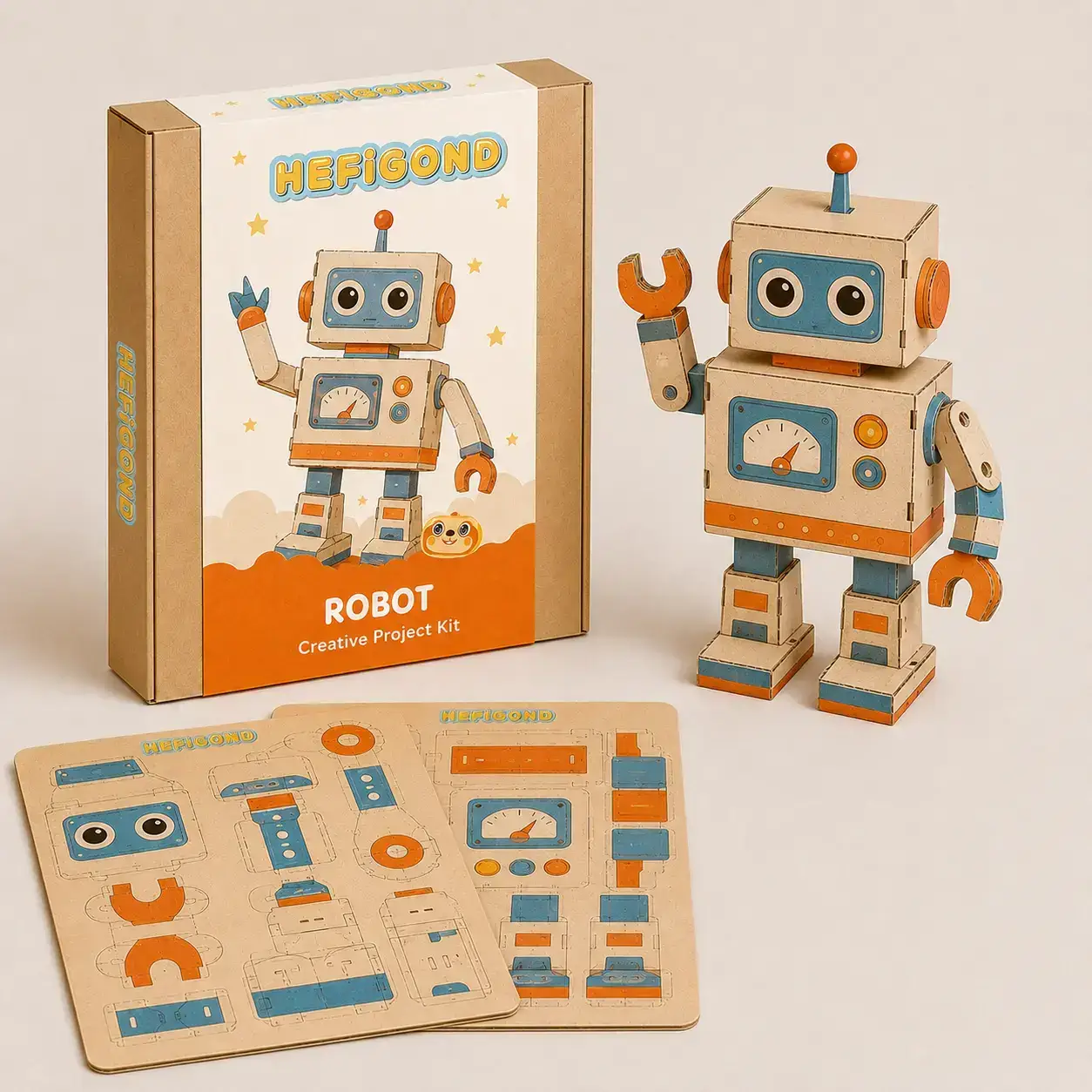 hefigond-robot-creative-project-kit Hefigond robot creative project kit with cardboard package, cutout pattern boards, and assembled robot model