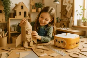 girl assembling rocket cardboard with hefigond on her left side