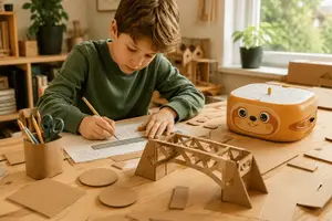 a boy measuring cardboard while making bridge prototype made from cardboard