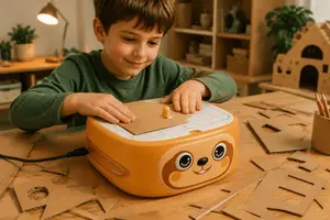 boy using sage shirt cutting cardboard using hefigond cutter machine